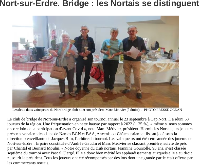 Nort-sur-Erdre. Bridge : les Nortais se distinguent